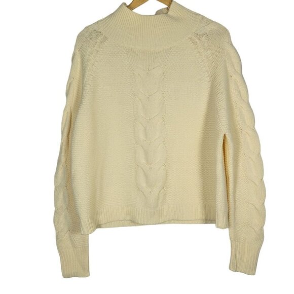 Poof Apparel Women's Cable Knit Chunky Cropped, Mock Neck Sweater Vanilla Size L - Picture 1 of 12
